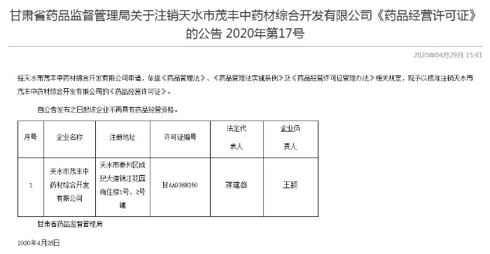 甘肅省藥監(jiān)局核準(zhǔn)注銷天水茂豐藥品經(jīng)營(yíng)許可證