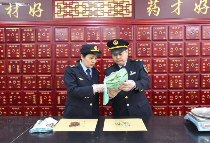 圖為開(kāi)封市市場(chǎng)監(jiān)管部門執(zhí)法人員在一家藥品經(jīng)營(yíng)企業(yè)檢查中藥飲片質(zhì)量、標(biāo)簽標(biāo)識(shí)情況。