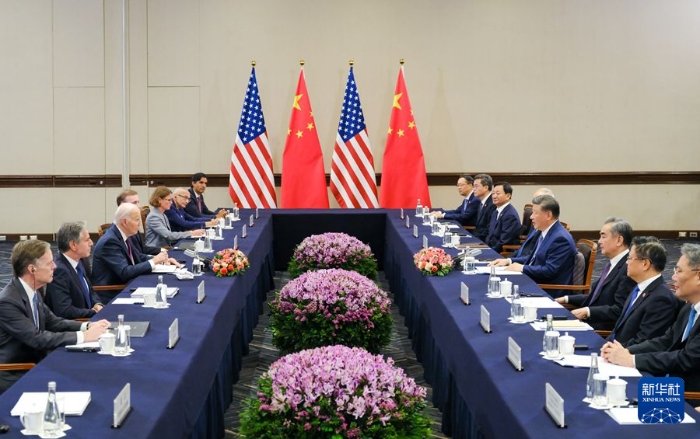 當(dāng)?shù)貢r(shí)間11月16日下午，國(guó)家主席習(xí)近平在利馬同美國(guó)總統(tǒng)拜登舉行會(huì)晤。新華社記者 丁林 攝